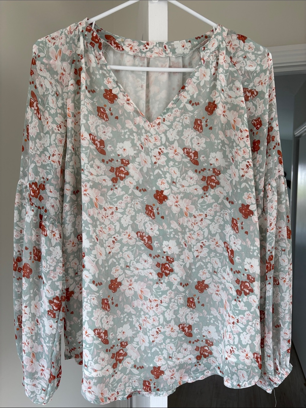Floral V-Neck Long Sleeve Top - Sage & Rust
